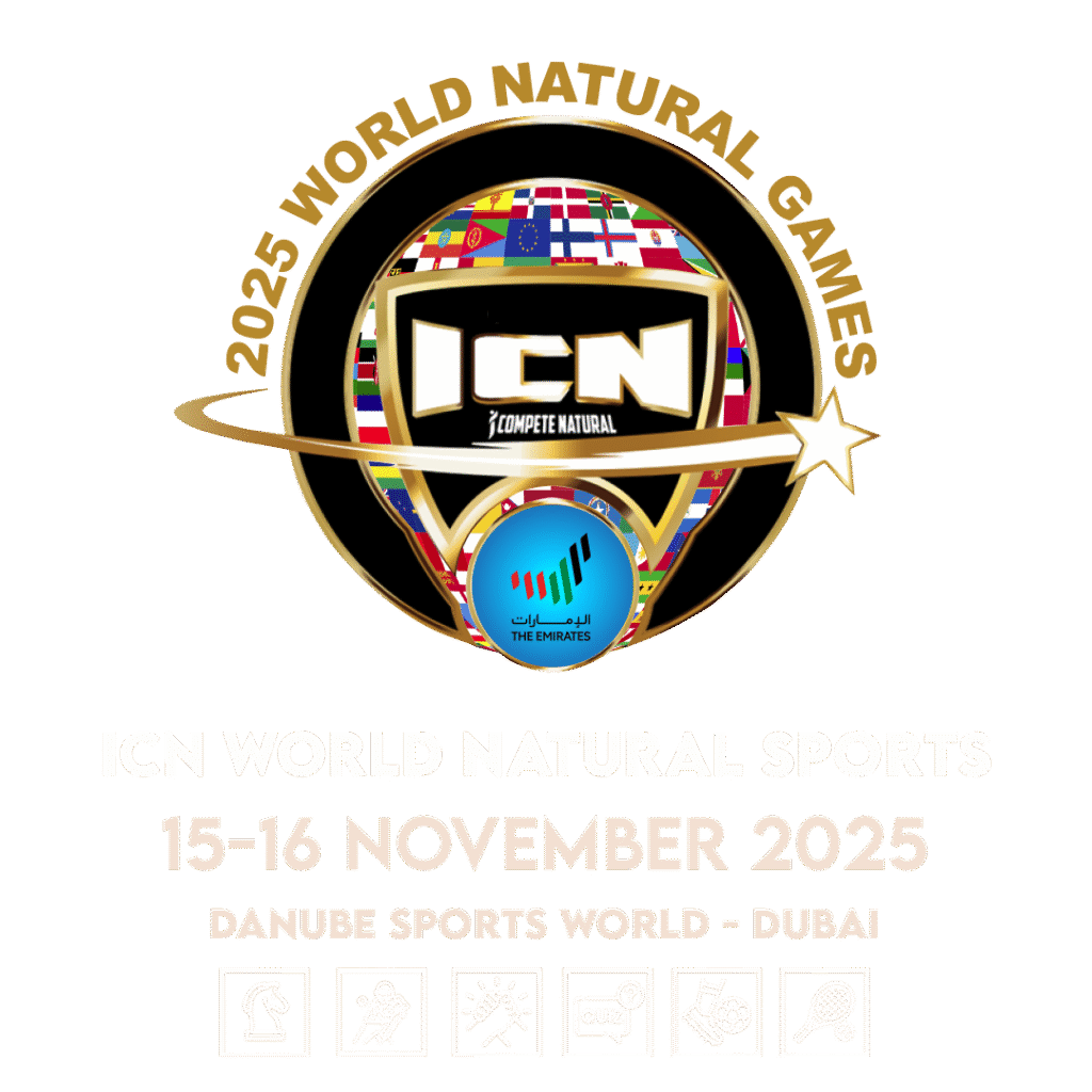 "ICN 2025 World Natural Games logo featuring international flags, event dates November 15–16, 2025 in Dubai"